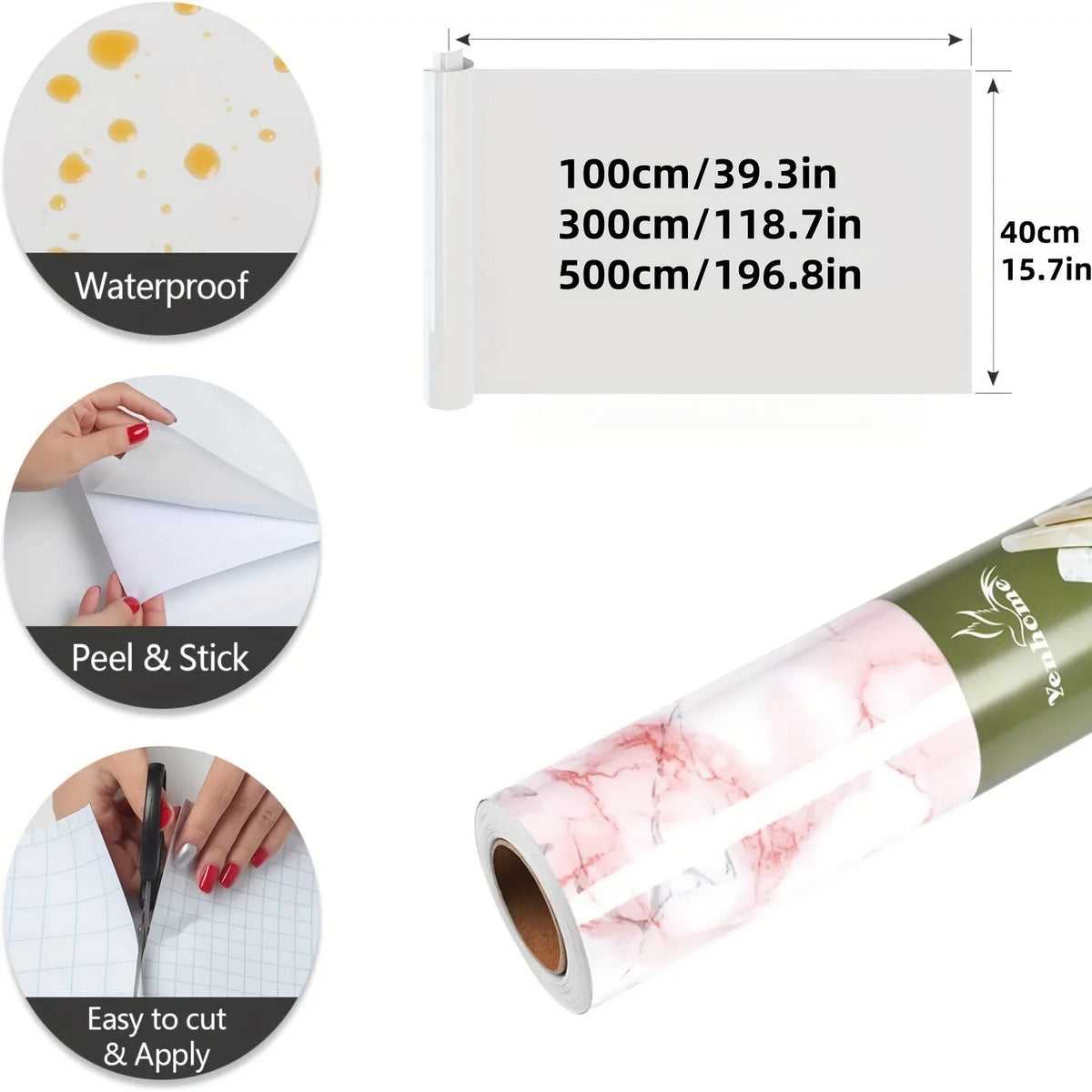 Roll of self-adhesive marble wallpaper in green and pink tones showing various usage and size options.