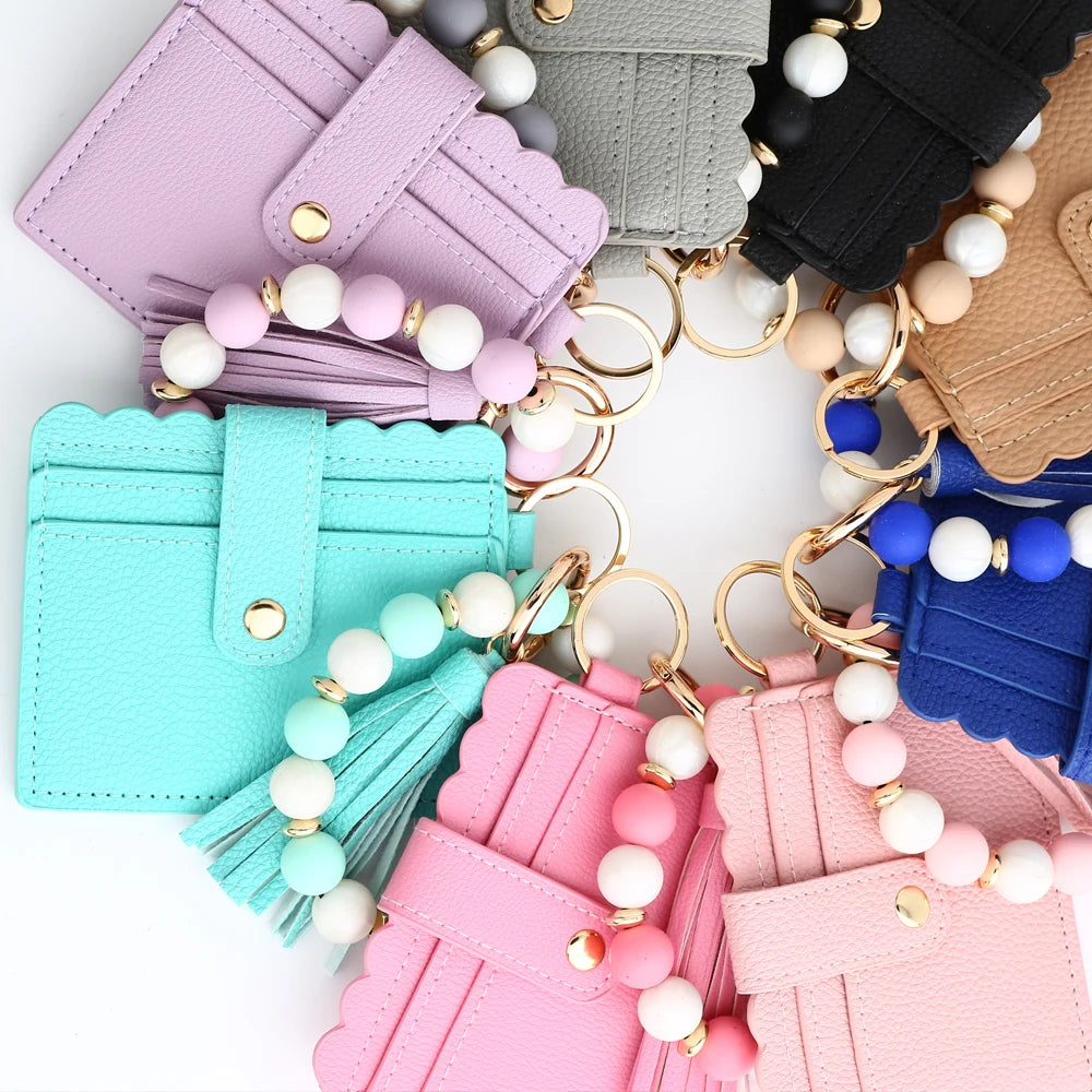 Silicone Bead Bracelet with Leather Card Holder and Tassel