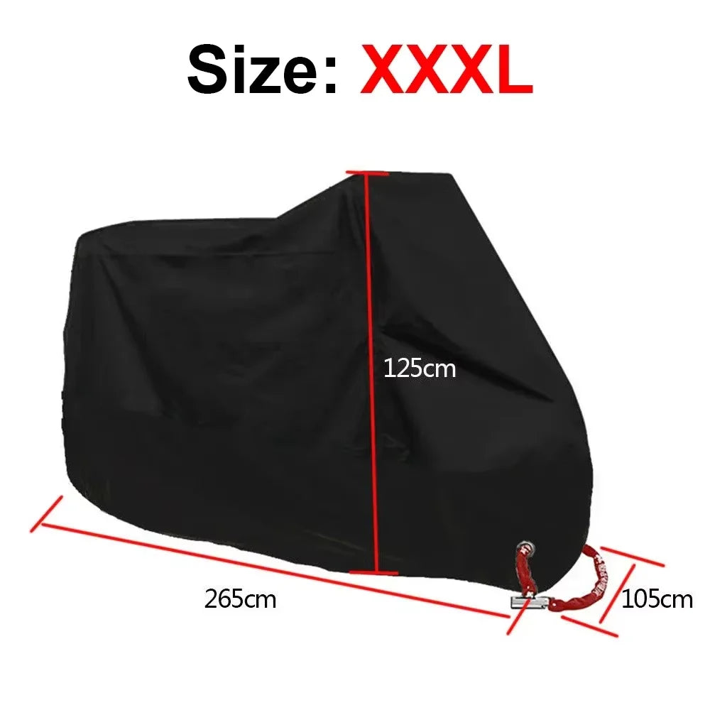 Black all-weather motorcycle cover with anti-theft locks shown flat and a vertical measurement of 125cm