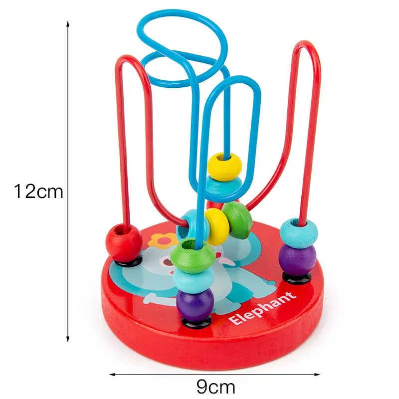 A set of red and blue wooden puzzles shaped like an elephant, featuring colorful rings for toddlers.