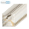 A set of ten self-adhesive waterproof tile stickers featuring a marbled beige and gold pattern arranged in a row.