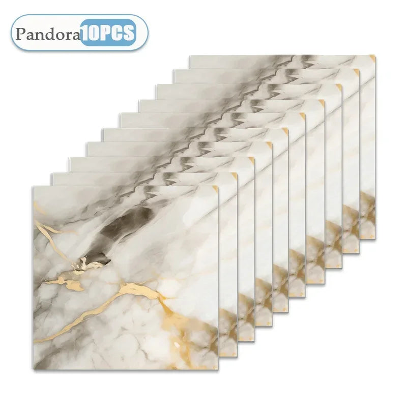 A set of ten self-adhesive waterproof tile stickers featuring a marbled beige and gold pattern arranged in a row.