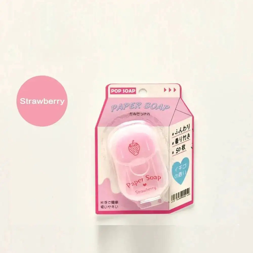 Pack of 50 paper soap sheets with strawberry scent in pink packaging