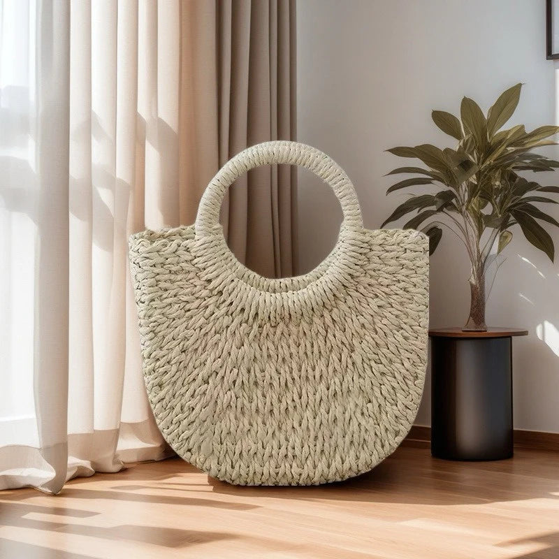 Handwoven Rattan Half-Moon Beach Bag