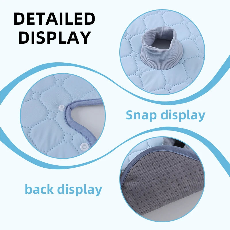Detailed display of a light blue water-absorbent stroller and car seat protector cushion with snap and back displays.