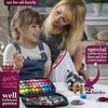 A complete sewing kit with storage bag and 24 thread colors is shown with a girl and woman.