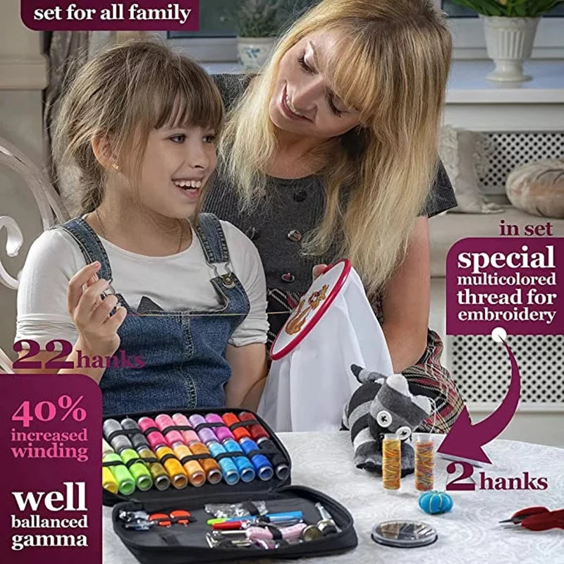 A complete sewing kit with storage bag and 24 thread colors is shown with a girl and woman.