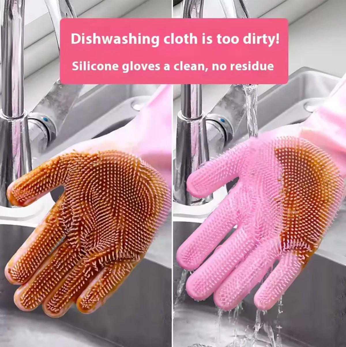 Close-up of pink silicone dishwashing gloves being used under running water to clean dishes.