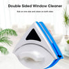 A white and blue double-sided window cleaner device is shown on a white surface.