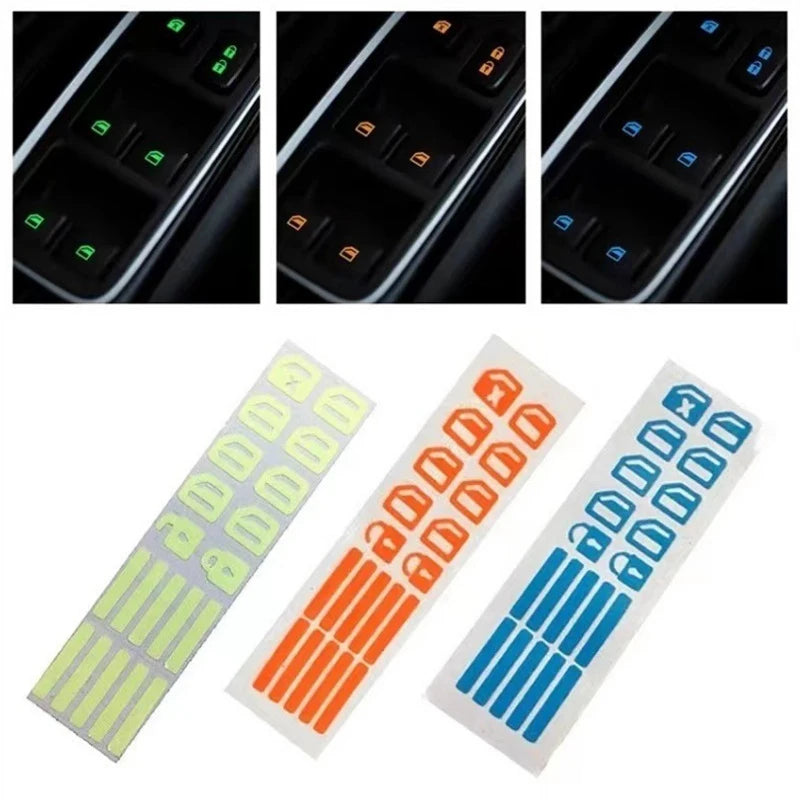 A set of glow-in-the-dark car window button stickers in various colors, including green, orange, and blue.