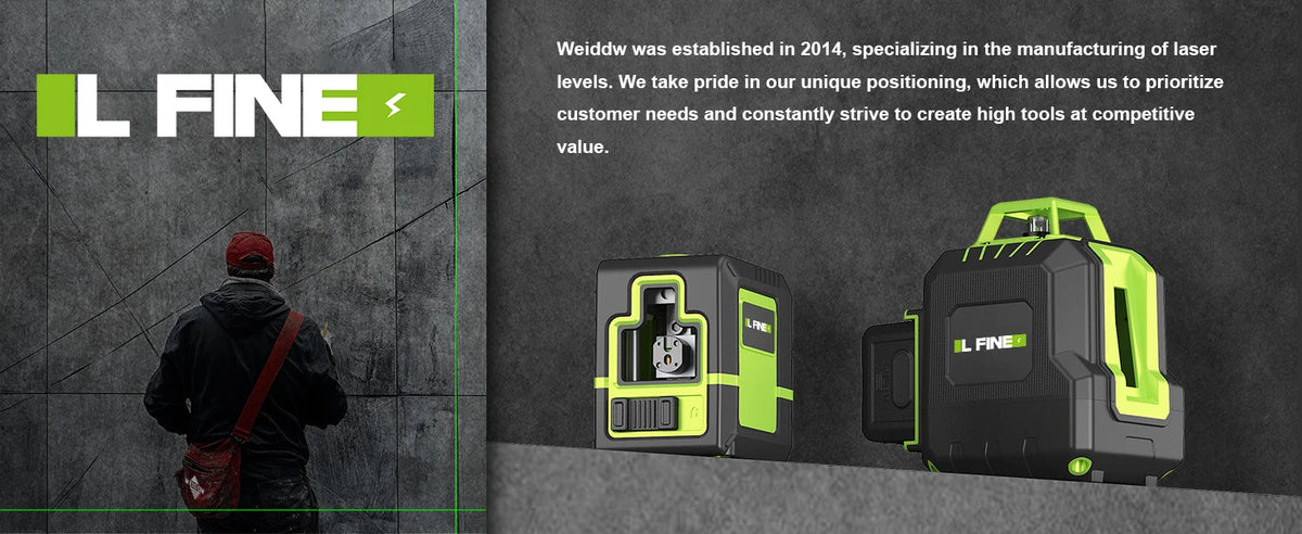 A black and lime green self-leveling laser level device is shown on a gray surface.