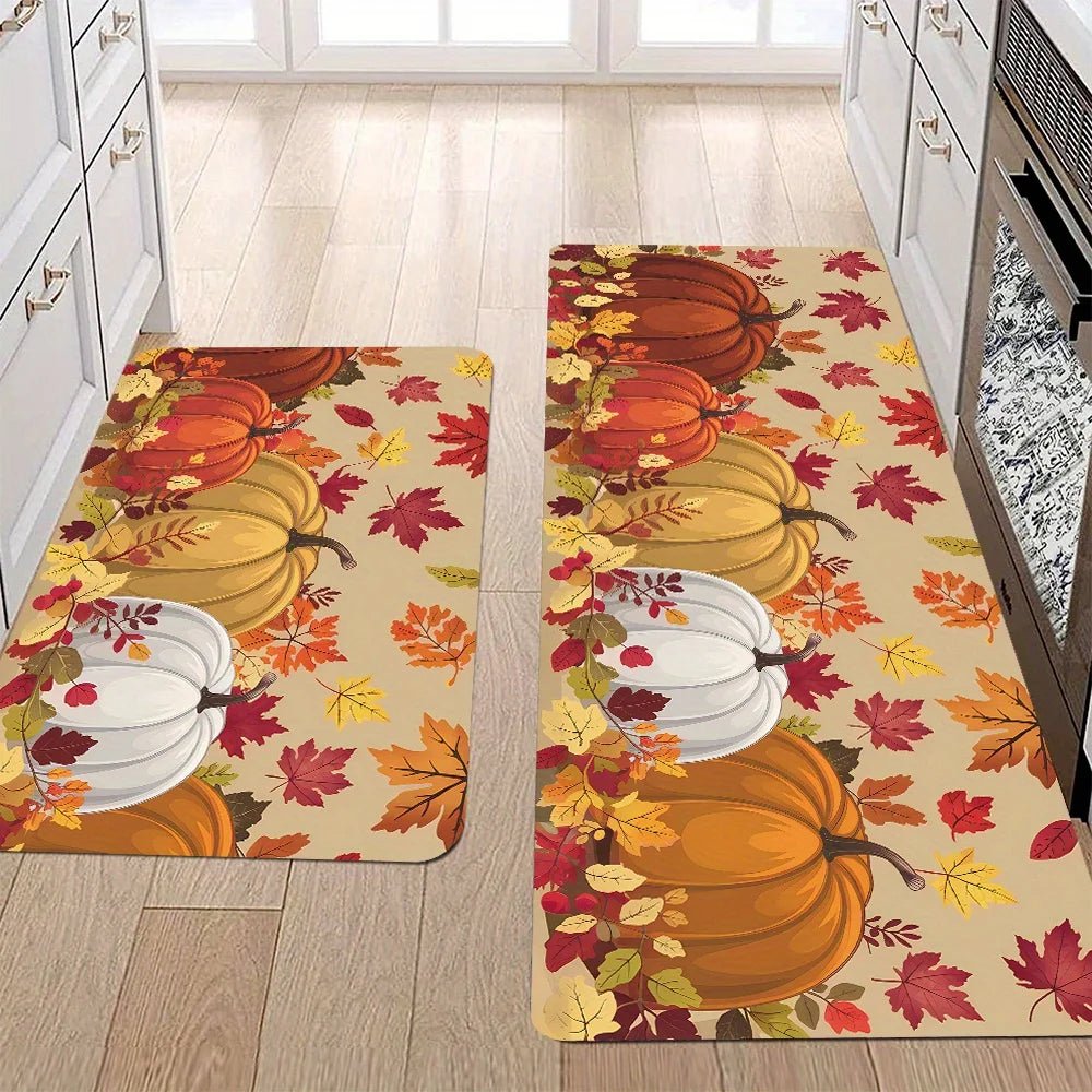 An area rug featuring an autumn design with pumpkins and maple leaves on a light background.