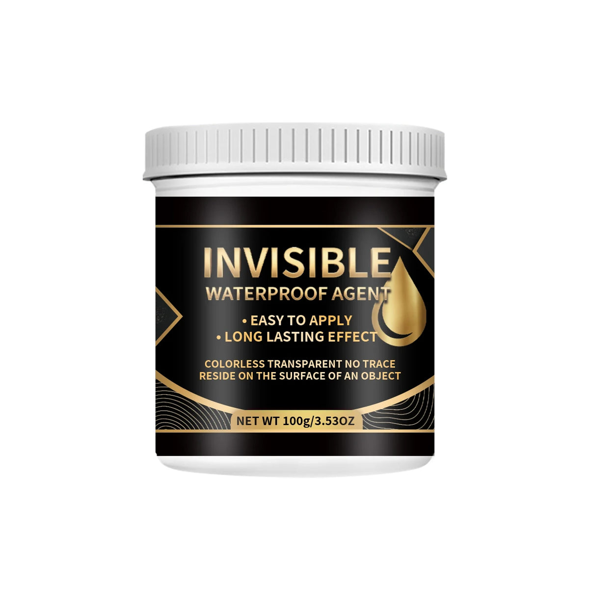 Jar of Invisible Waterproof Agent with a white lid and black label featuring gold accents.