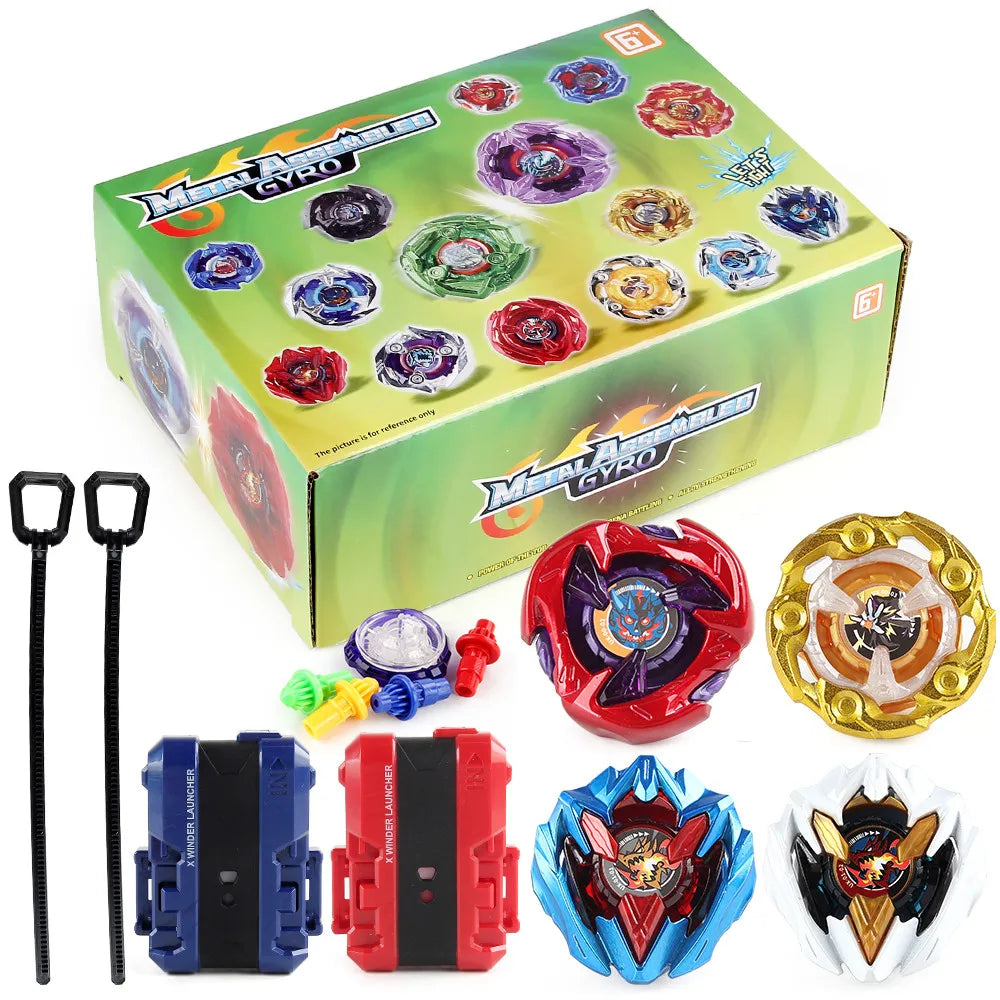 Metal Gyro Spinning Top Battle Set with launchers including tops and launchers in various colors