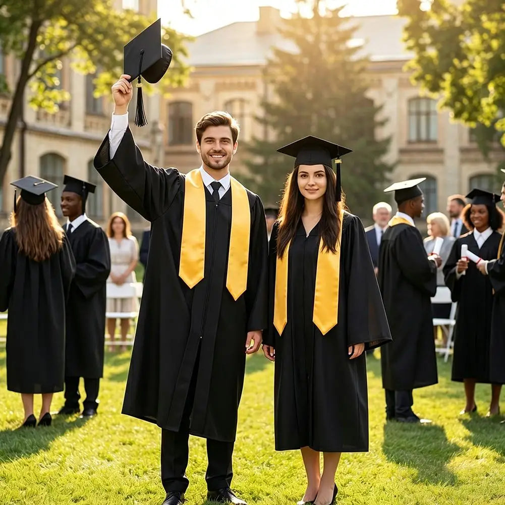 Two graduates in black academic gowns and caps stand outdoors on a sunny day.