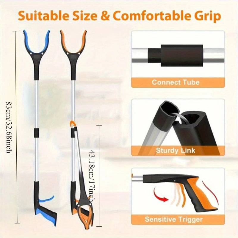 Image showing a 32-inch heavy-duty reacher grabber with a black handle, blue tip, and orange accents, highlighting its compon