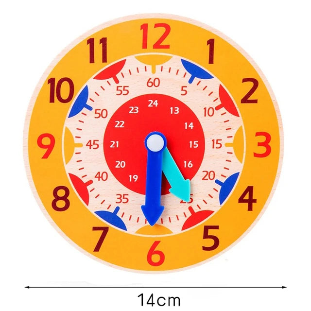 Wooden alphabet number and shape puzzle board with a blue arrow pointer on an orange circular background