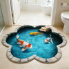 A plush rug featuring a round non-slip koi fish pattern on a blue surface.