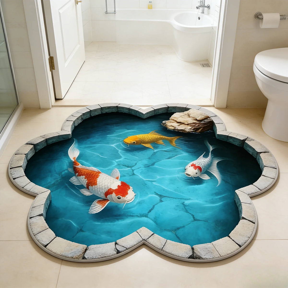 A plush rug featuring a round non-slip koi fish pattern on a blue surface.
