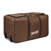 A brown heavy-duty waterproof travel duffel bag with black straps and the word SPORT printed on it.