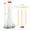 A set of 50 natural cotton candle wicks with metal stands, shown alongside individual wicks and a measuring tool.