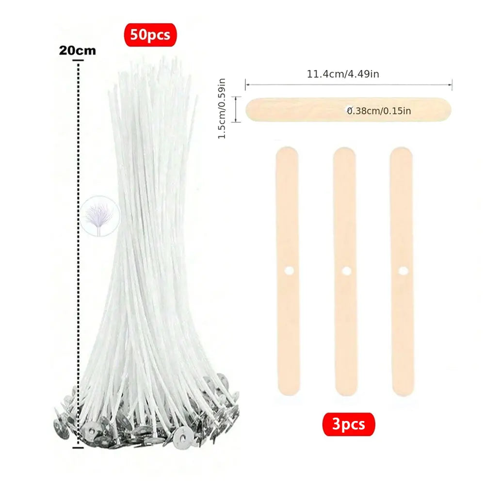 A set of 50 natural cotton candle wicks with metal stands, shown alongside individual wicks and a measuring tool.