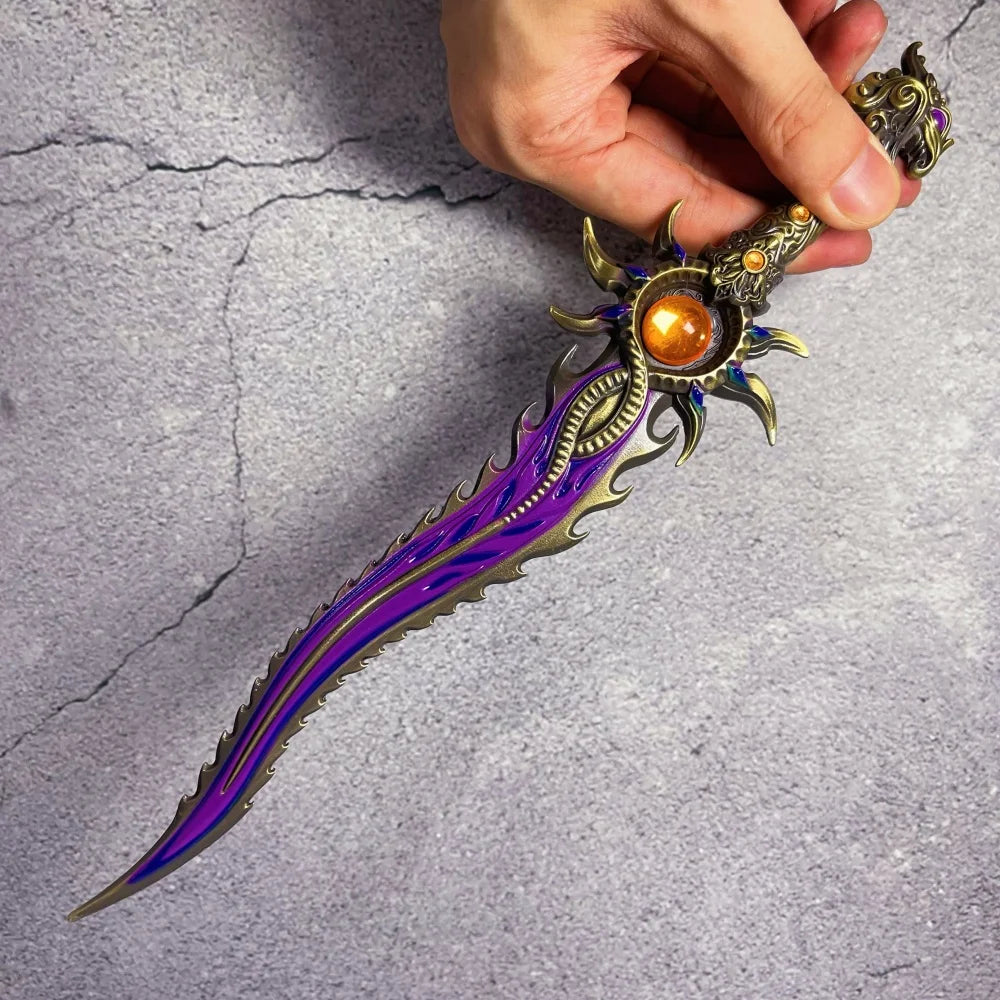 A hand holds a full-size collectible metal katana sword inspired by Naraka Bladepoint featuring purple and gold accents.