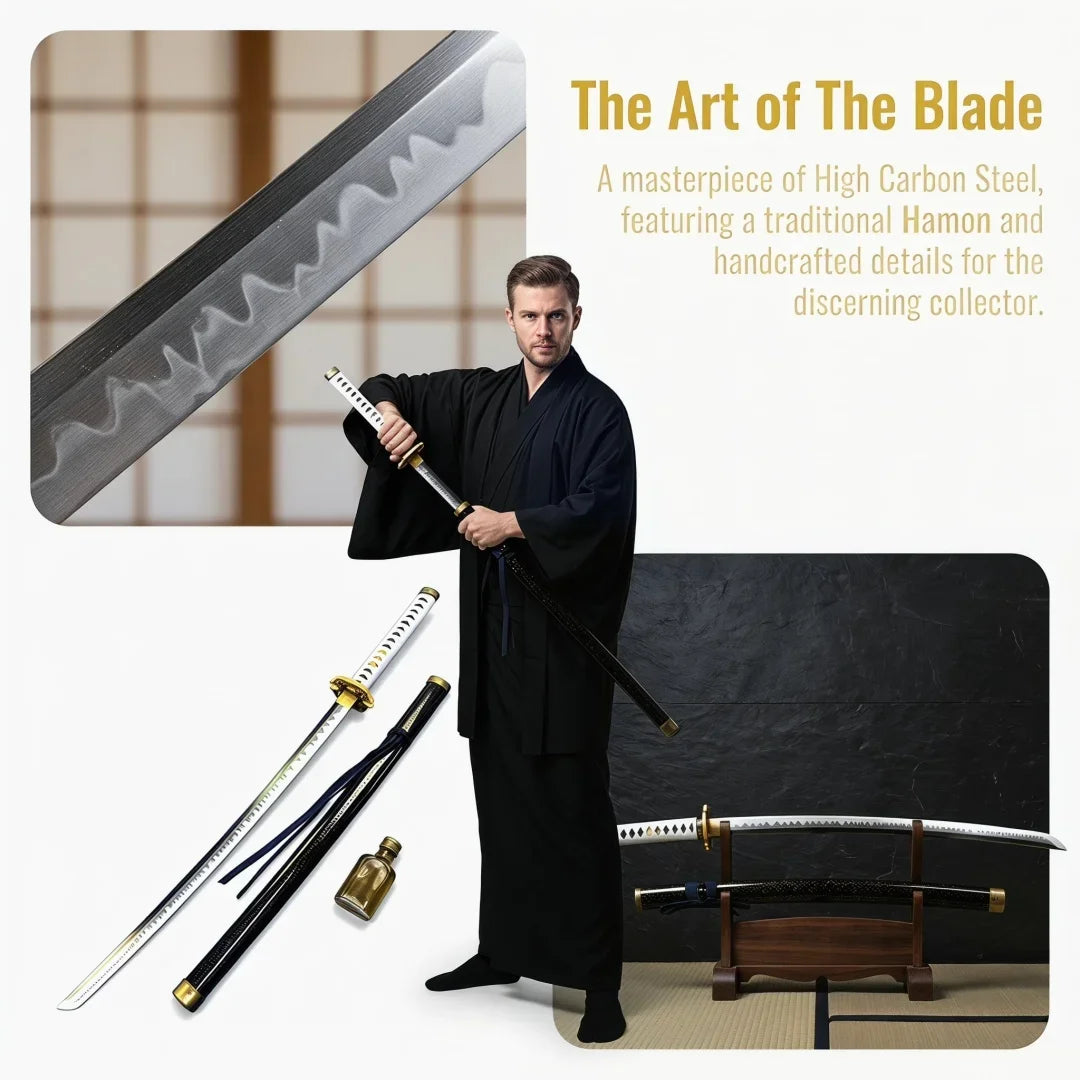A man in a black gi holds a traditional katana sword, with a large blade and a smaller sword displayed nearby.