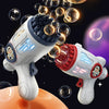 A white electric bubble gun with a red nozzle is shown firing bubbles against a dark background.
