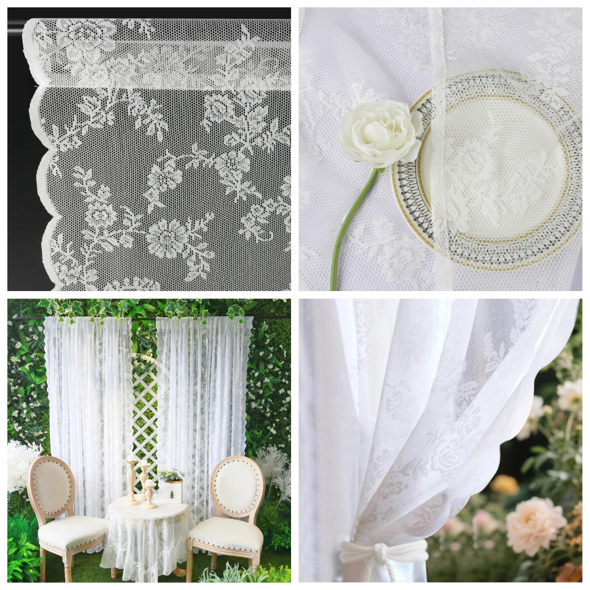 Two panels of vintage floral lace sheer curtains with delicate embroidery and a white rose accent.