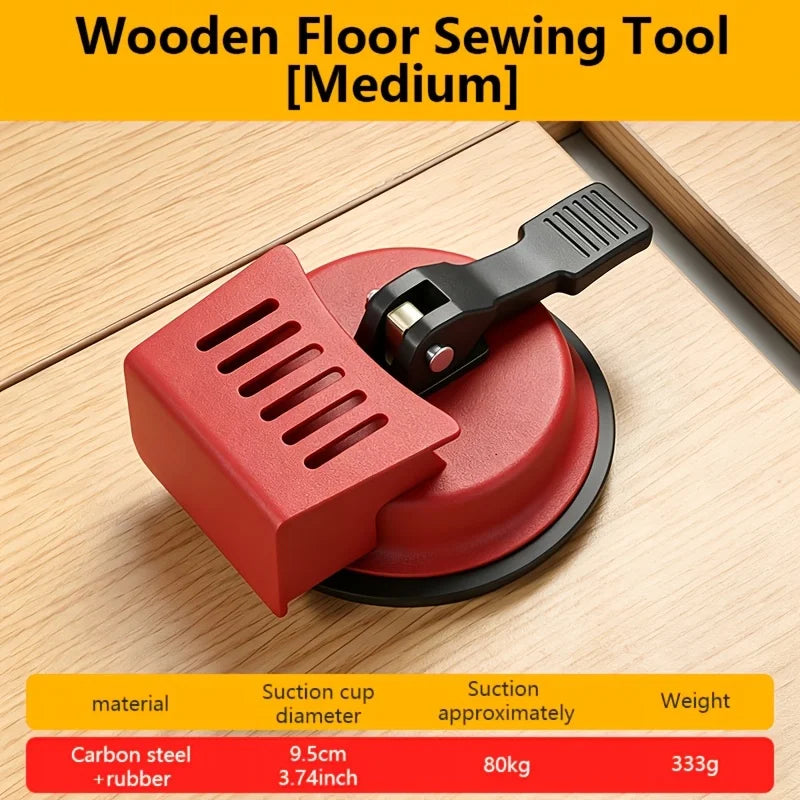 A red wooden floor sewing tool with a suction cup is shown on a light wood surface.