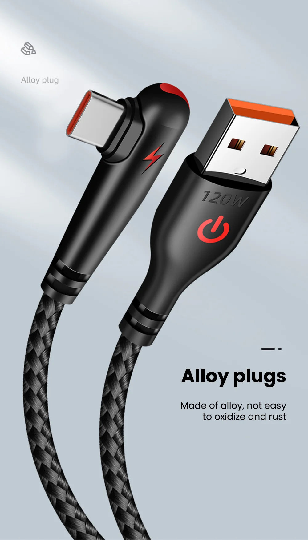 120W Fast Charging USB-C Cable with 90° Elbow Design