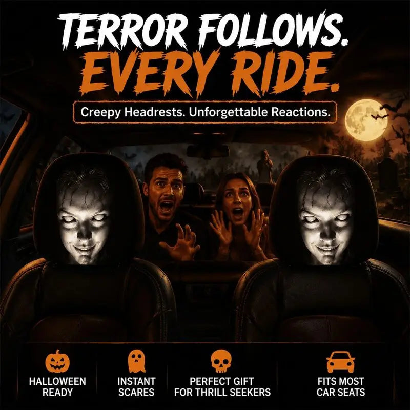 A set of two black headrest covers for a car, featuring horror-themed designs and Halloween readiness.