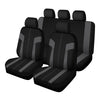 A set of nine black car seat covers, including seats and headrests, made of durable polyester.