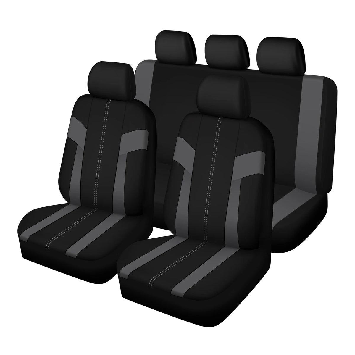A set of nine black car seat covers, including seats and headrests, made of durable polyester.