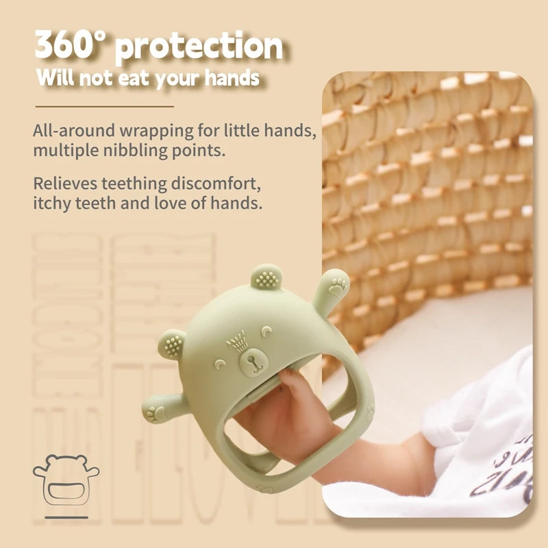 Baby Teething Gloves with Cartoon Bear Design
