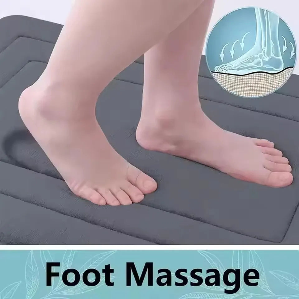Foot massage product showing a foot resting on a gray mat with an inset diagram of the sole.
