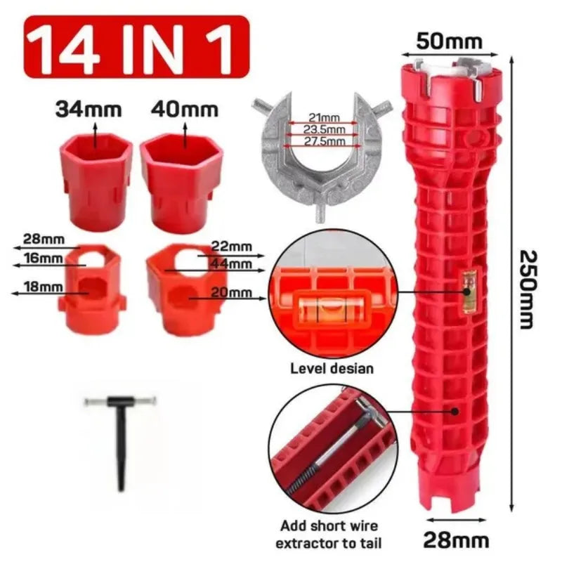 A set of 14 in 1 tools including various sized faucet and sink wrenches, a level design, and an extractor tool.