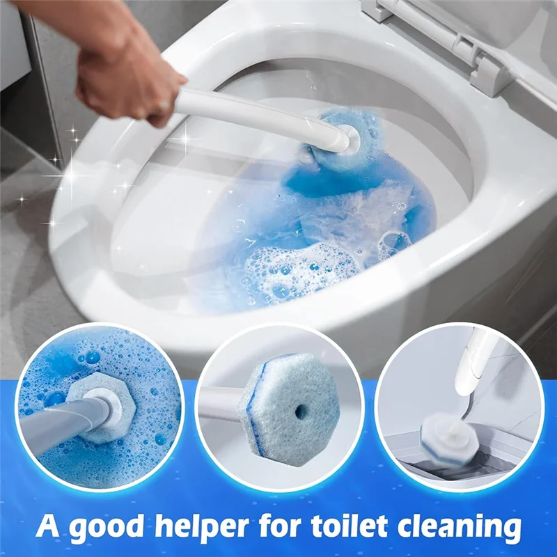 A hand is using a white disposable toilet wand refill with a built-in cleaner to clean the inside of a toilet bowl.