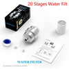 A box and a white cylindrical water filter are shown next to a product information sheet for a shower head water purifier.