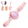 A pink magic smoke bubble machine with colorful lights and accessories shown in various parts.