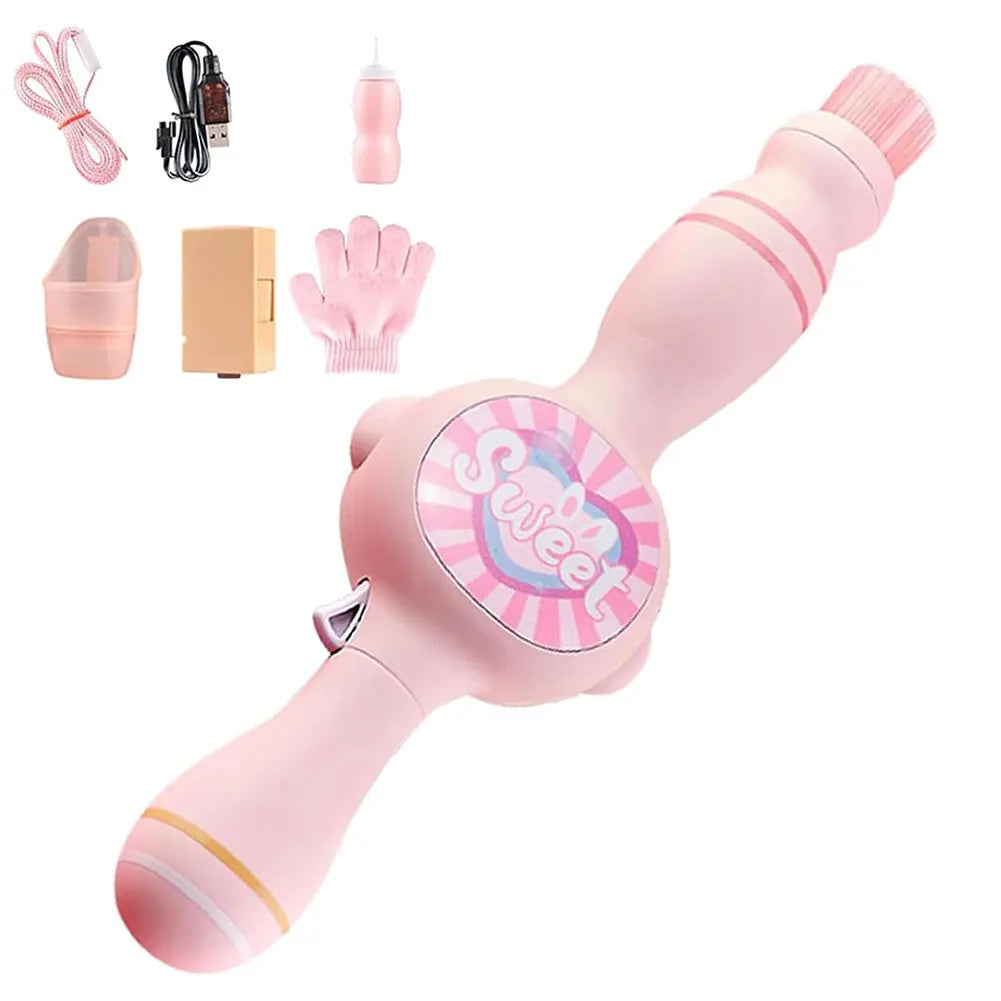 A pink magic smoke bubble machine with colorful lights and accessories shown in various parts.