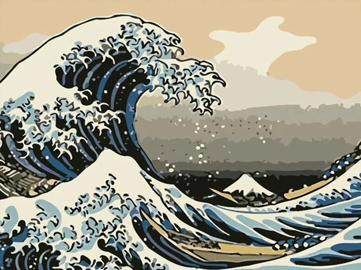 A stylized watercolor painting of a large ocean wave with blue and white foam against a muted background.