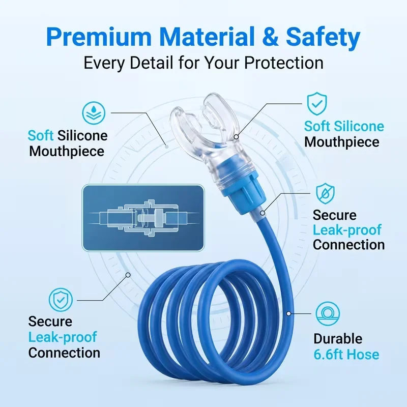 Blue silicone snorkel featuring a soft mouthpiece and a durable 6.6ft hose for safe use