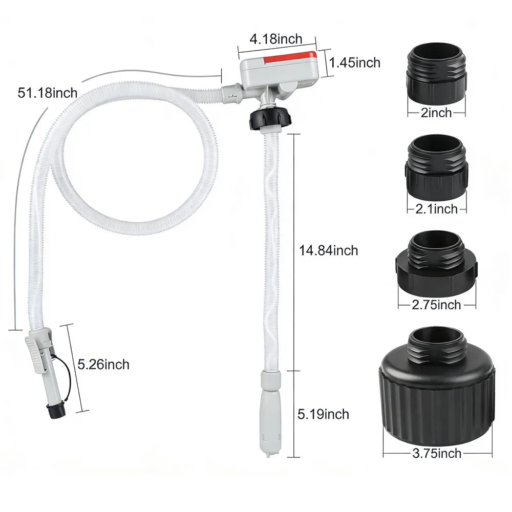 A white portable electric fuel transfer pump with various tubing and components shown with dimensions.