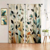 A set of two sheer curtains featuring an abstract leaf print with teal, green, and brown tones.