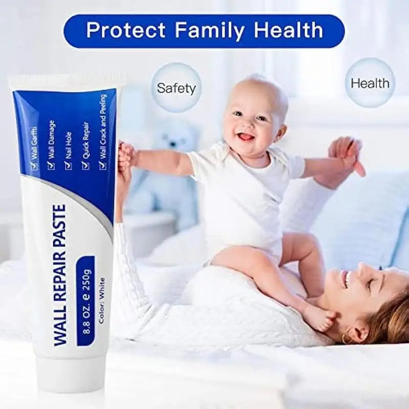 A tube of white wall repair paste is shown next to a smiling baby and an adult, emphasizing family health and safety.