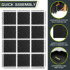 A set of black interlocking EVA foam exercise mats shown in various layouts and features.