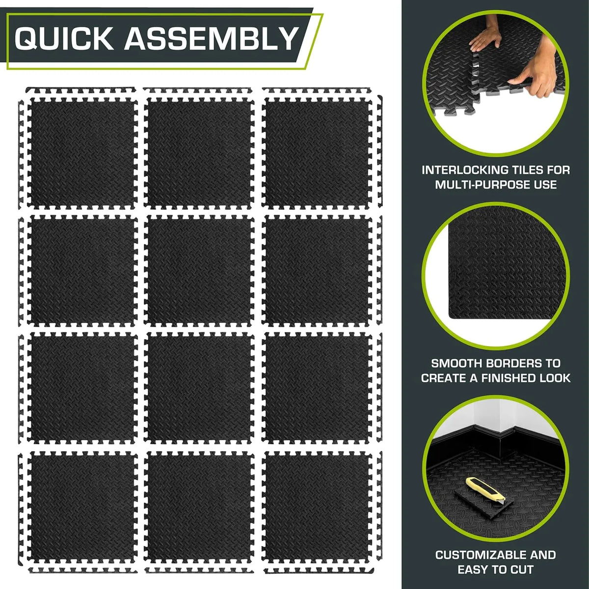 A set of black interlocking EVA foam exercise mats shown in various layouts and features.