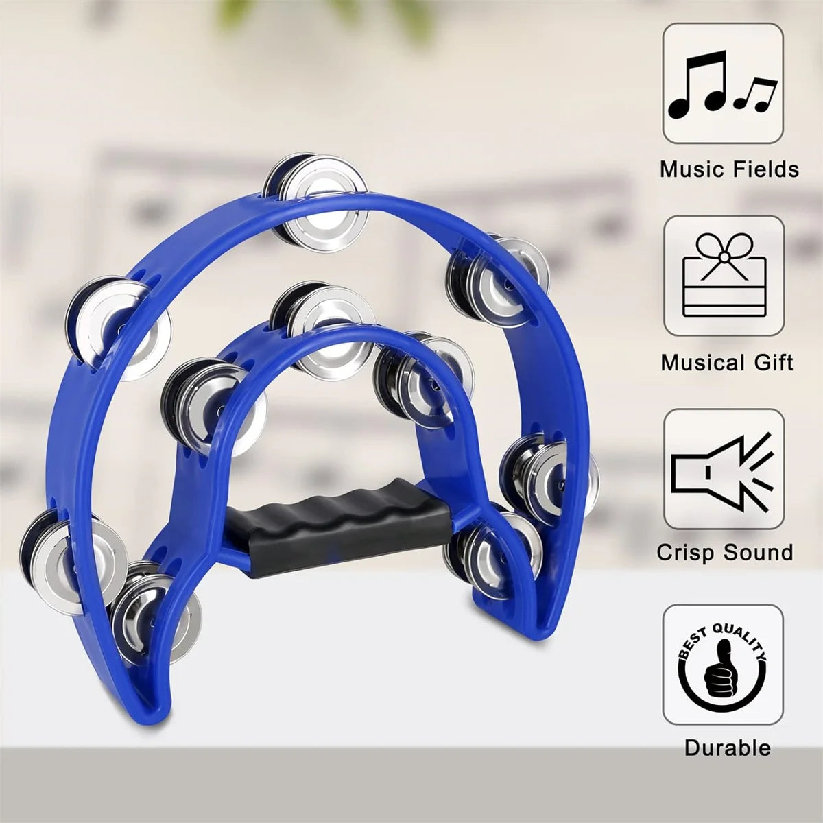 Blue half-moon tambourine with double row metal jingles shown against a white background.
